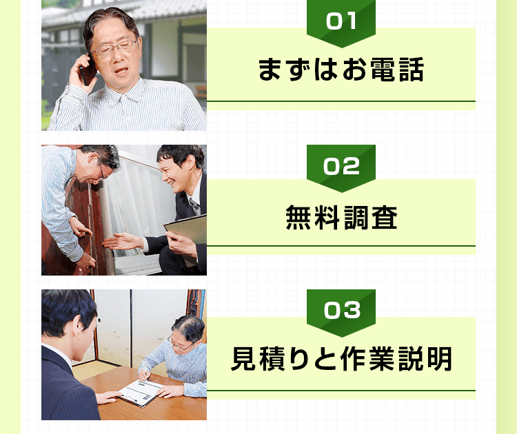 まずはお電話。無料調査、見積りと作業説明